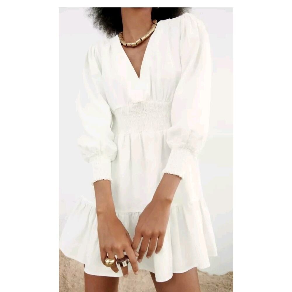 Zara | Summer Vacation Oyster White Smocked Waist Linen Blend Long Sleeve Dress